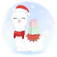 Cute Llama with gift box in winter