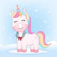 unicornio con corona en invierno vector