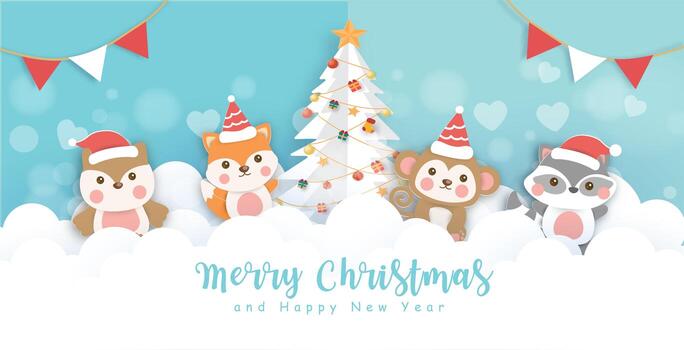 Christmas banner with a cute animals vector