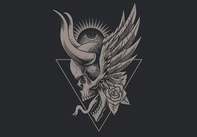 Winged vintage skull with horns over upside down triangle