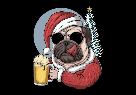Pug dog with beer wearing Santa costume