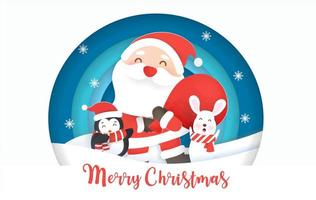 Paper art Santa and friends in circular winter scene vector