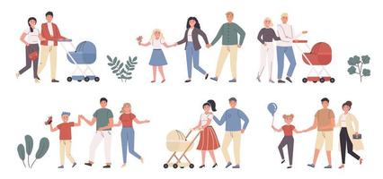 Family leisure, entertainment, outside walk flat character set vector