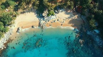 Aerial: Landing on the wild beach with beautifull water. video