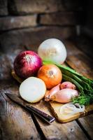 colorful onions on rustic wooden background photo