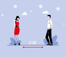 Social distancing between woman and man with masks vector