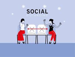 Social distancing between women with masks on chairs vector