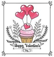 cupcake con globos de corazones para el día de san valentín vector