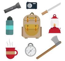 conjunto de equipo de campamento y viaje. vector