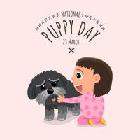 National puppy day poster with puppy and child vector