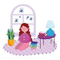 Girl kneeling on carpet indoors protected from Covid-19 vector