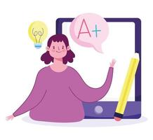 Educación en línea con estudiante inteligente con tableta. vector