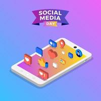 cartel del día de las redes sociales con iconos en el teléfono inteligente vector