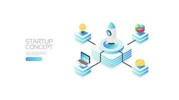 Isometric startup concept with rocket and icons vector