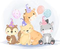 lindos animales salvajes bebé con gorros de cumpleaños vector