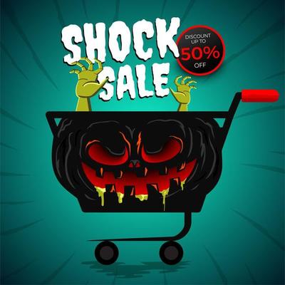 Halloween sale poster with scary shopping cart