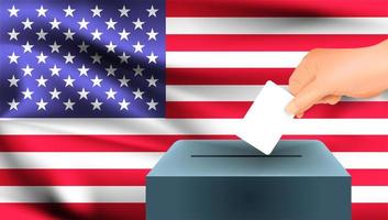 Hand puts ballot in box in front of American flag vector