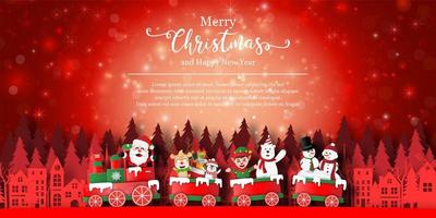 banner de feliz navidad con personajes navideños en tren vector