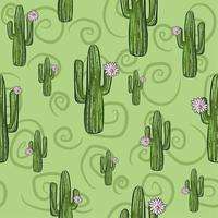 Green seamless pattern with saguaro cactuses in bloom vector