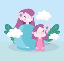 Mother and daughter with flowers and clouds vector