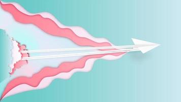 Paper airplane flying from clouds in paper cut style vector