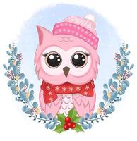 Owl with wreath for Christmas watercolor style design