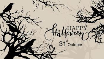 Happy Halloween dead tree and birds silhouette design vector