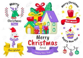 Cartoon style Christmas element and emblem set vector