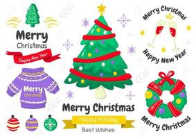 Cartoon style Christmas element and emblem set vector