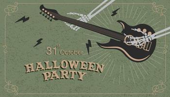 Halloween party poster with skeleton hands playing guitar vector