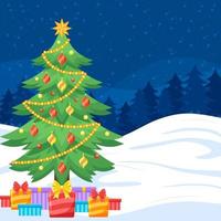 noche nevada con árbol de navidad y regalos vector
