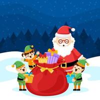 Joyful Santa Prepares Christmas Gifts with His Helpers vector