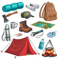 conjunto de campamento y exploración de dibujos animados vector