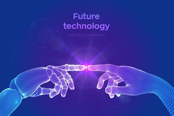 Robot and human hands touching for future technology