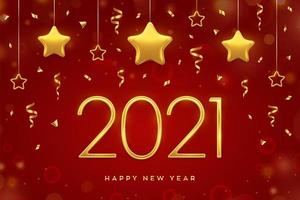 New Years golden text and hanging stars vector