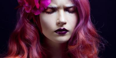 beautiful girl with pink hair, gloomy expression photo