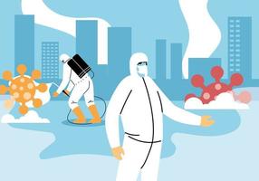 Men wear protective suit, disinfecting the city vector