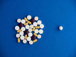 Top view of pills on blue background