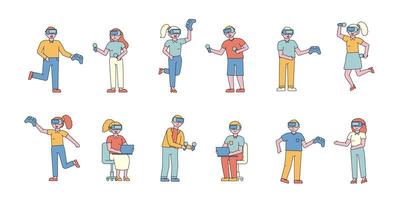 People playing with virtual reality flat-design set vector