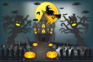 Witch riding broom flying over haunted castle at night vector