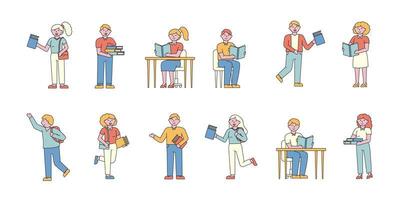 People studying and reading flat-design set vector