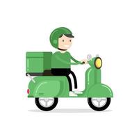 Food delivery man riding a green scooter vector