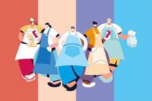 Group of waiters with face mask and uniform vector