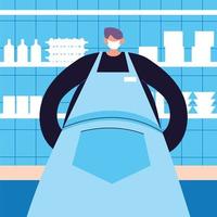 Male waiter with face mask and uniform vector