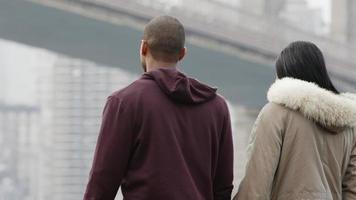 A couple holds hands and walks next to the water after a rainstorm in Brooklyn Bridge park, across from New York video