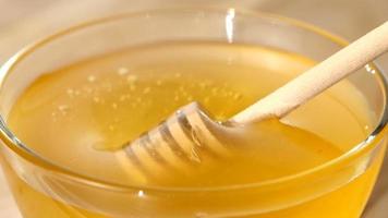Using spoon for honey in bowl, pick it up, close up, slow motion video