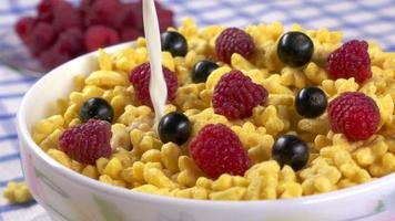 Morning breakfast pouring milk into bowl of honey stars cereal with berries video