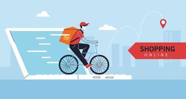 Delivery man with protective face mask in bicycle vector