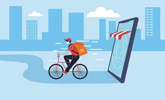 Delivery man with protective mask in bicycle vector