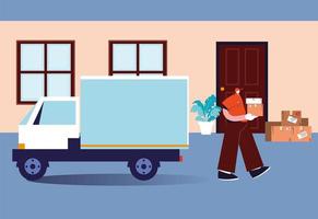 Delivery man with mask carries the cardboard boxes vector